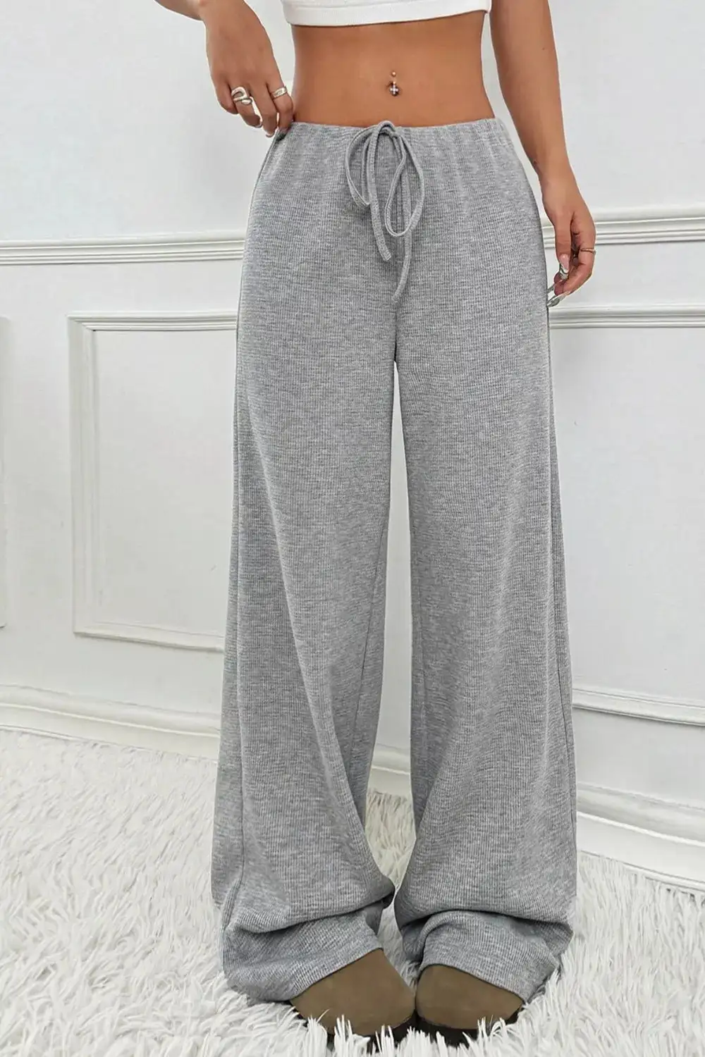 Ribbed Knit Drawstring Wide Leg Pants