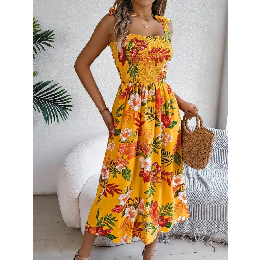 Smocked Tie Shoulder Midi Dress