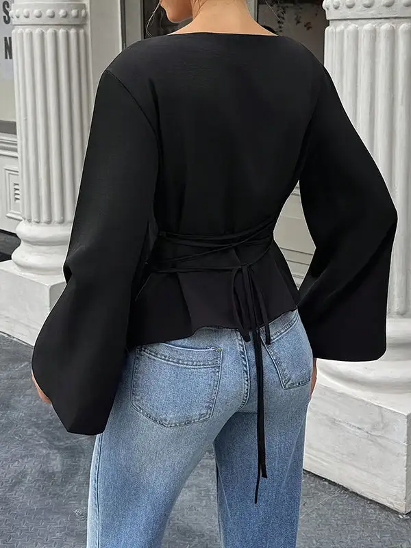 Elastic Waist Flared Sleeve Panel Detail Tie Waist Round Neck T-Shirt