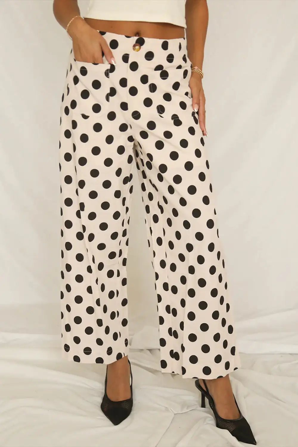 Polka Dot Print Patch Pocket Pocket Loose Pants