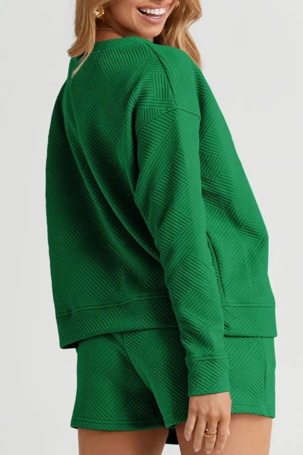 Women's Textured Long Sleeve Top and Drawstring Shorts Set