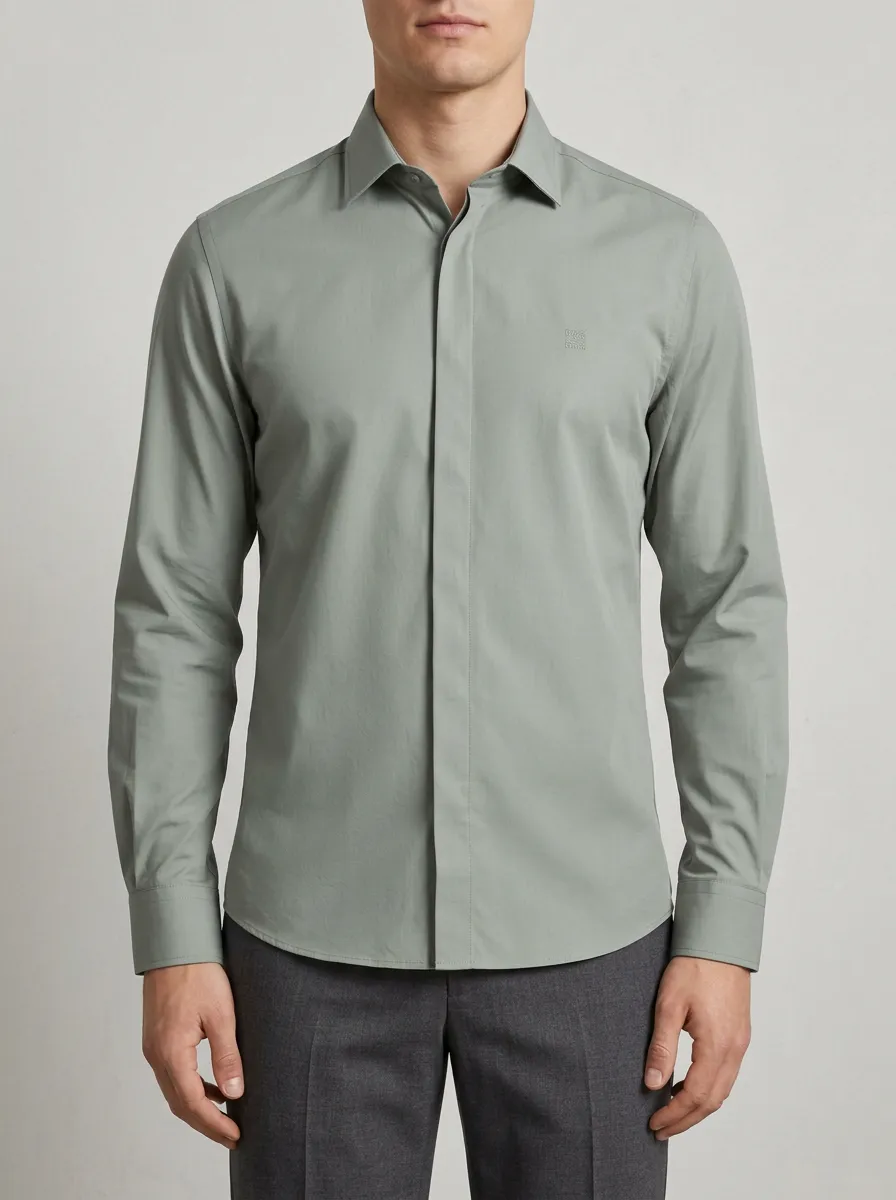 Men's Non-Iron Cotton Sage Green Minimalist Logo Printed Shirt