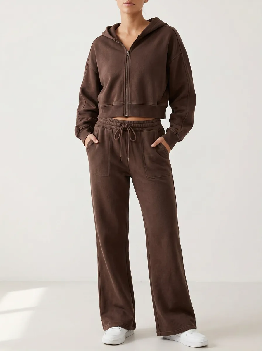 Women's Everyday Minimal Cropped Hooded Jacket and Flare Pants Active Set