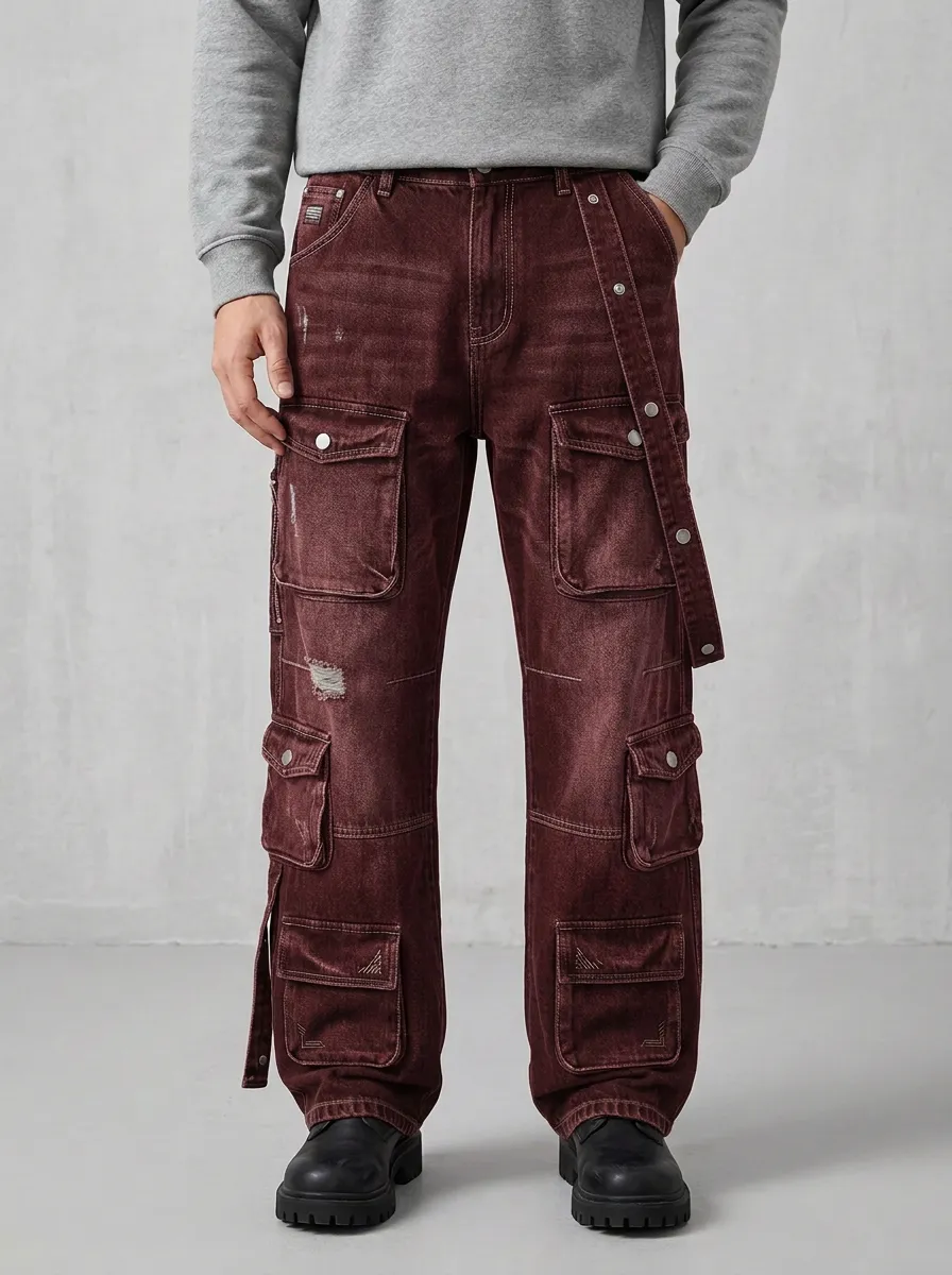 Men's Streetwear Distressed Black Multi-Pocket Cargo Pants