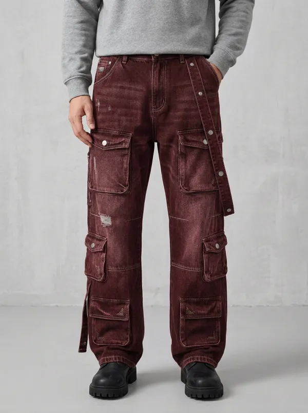 Men's Streetwear Distressed Black Multi-Pocket Cargo Pants