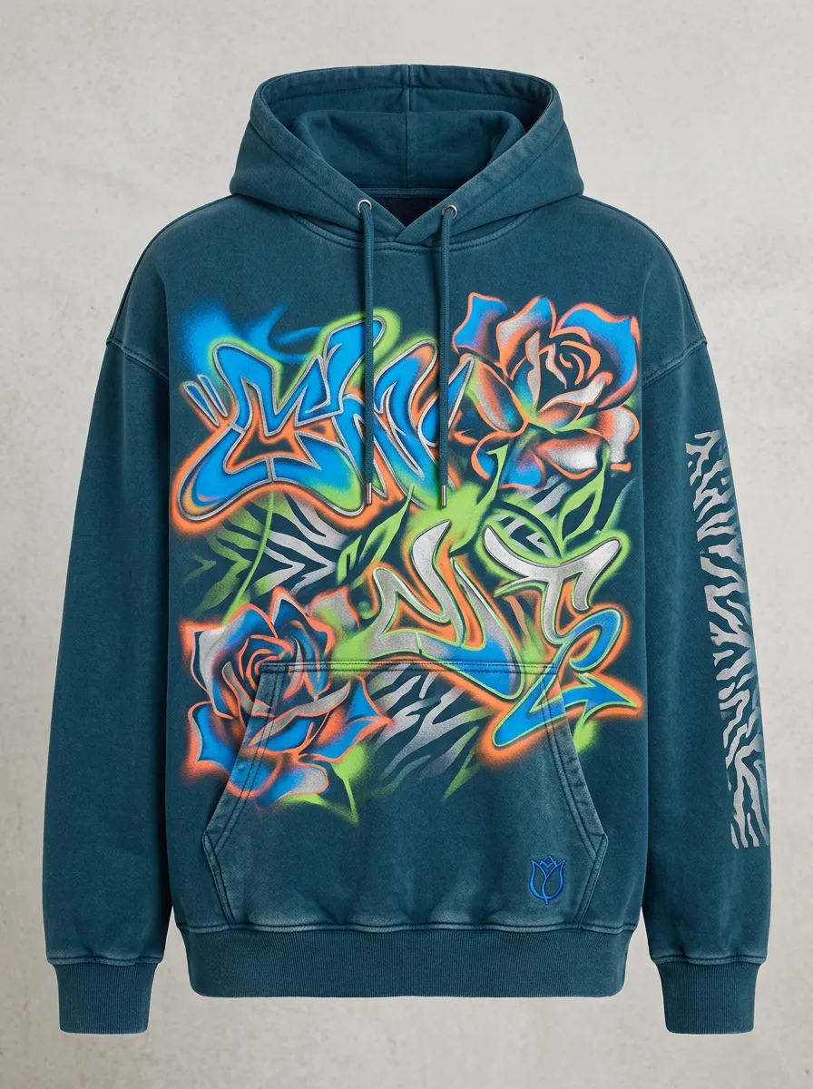 Unisex Streetwear Graffiti Rose Airbrush Graphic Hoodie