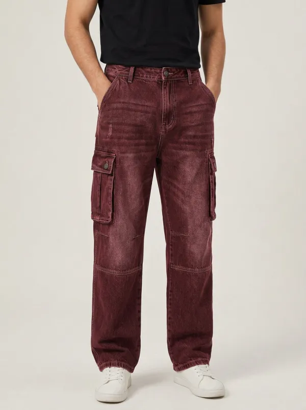 Men's Streetwear Washed Black Denim Cargo Jeans