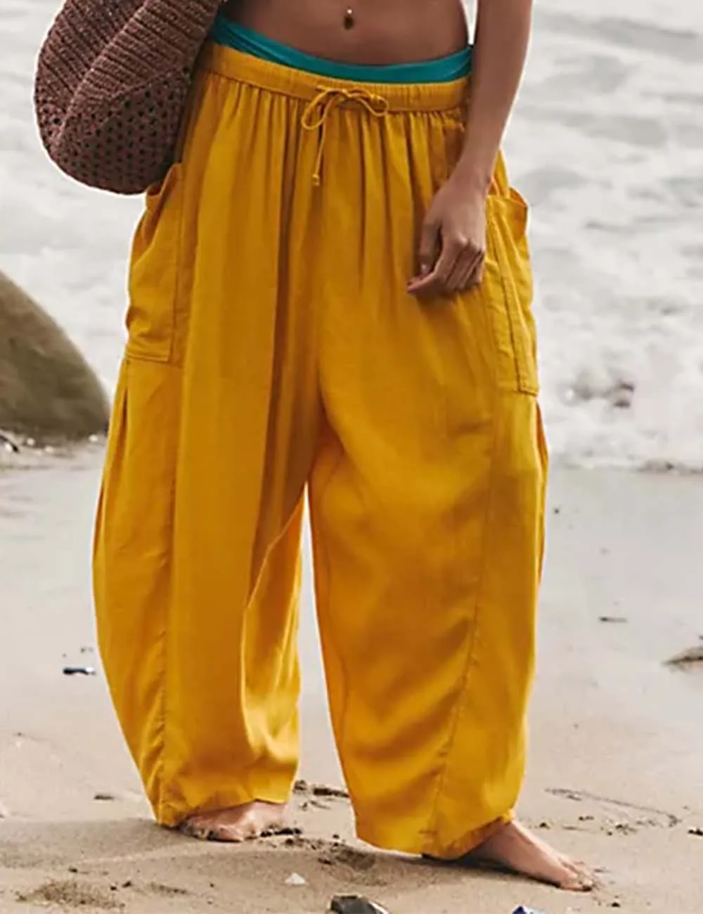 Elastic Waist String Tie Pocket Cozy Pants