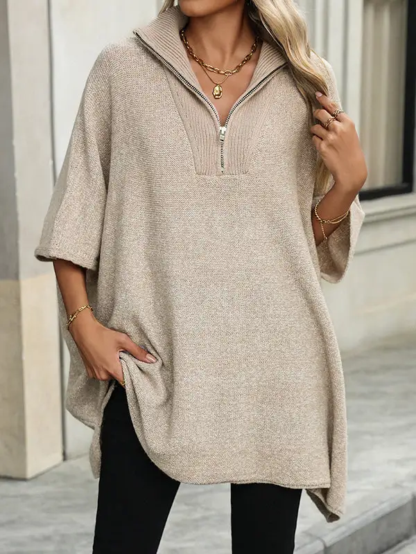 Paneled Zip Detail V-Neck Elbow Sleeve Relaxed Fit Sweater