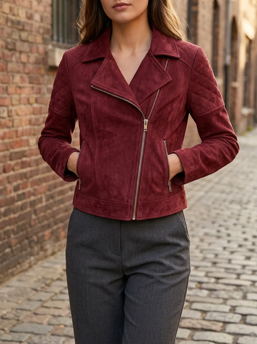 Women's Burgundy Quilted Suede Biker Jacket