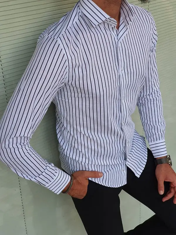 Contemporary Long Sleeve Slim Fit Striped Cotton Casual Shirt