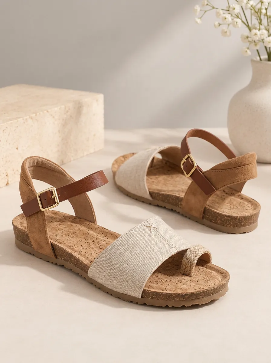 Women's Cork Detail Canvas Graphic Detail Flat Sandals