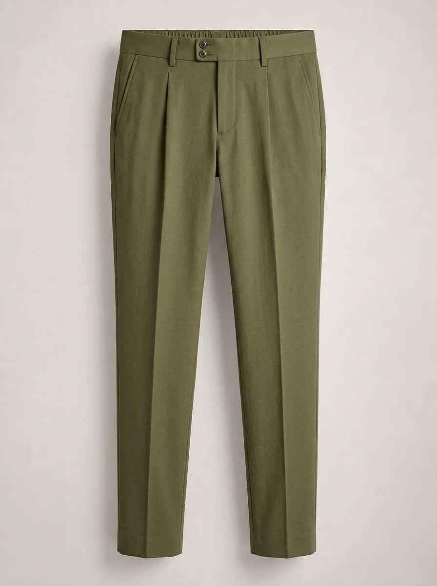 Men's Olive Green Pleated Elastic Waist Dress Trousers