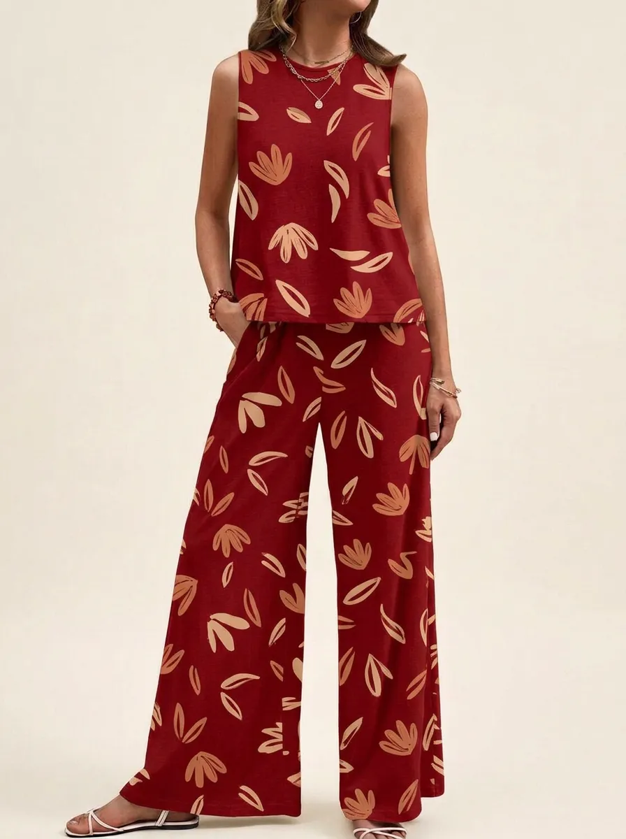 Women's Botanical Leaf Print Sleeveless Top And Wide-Leg Trouser Lounge Set
