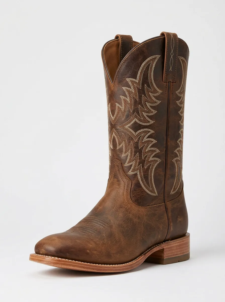 Men's Western Cowboy Brown Leather Embroidered Printed Boots