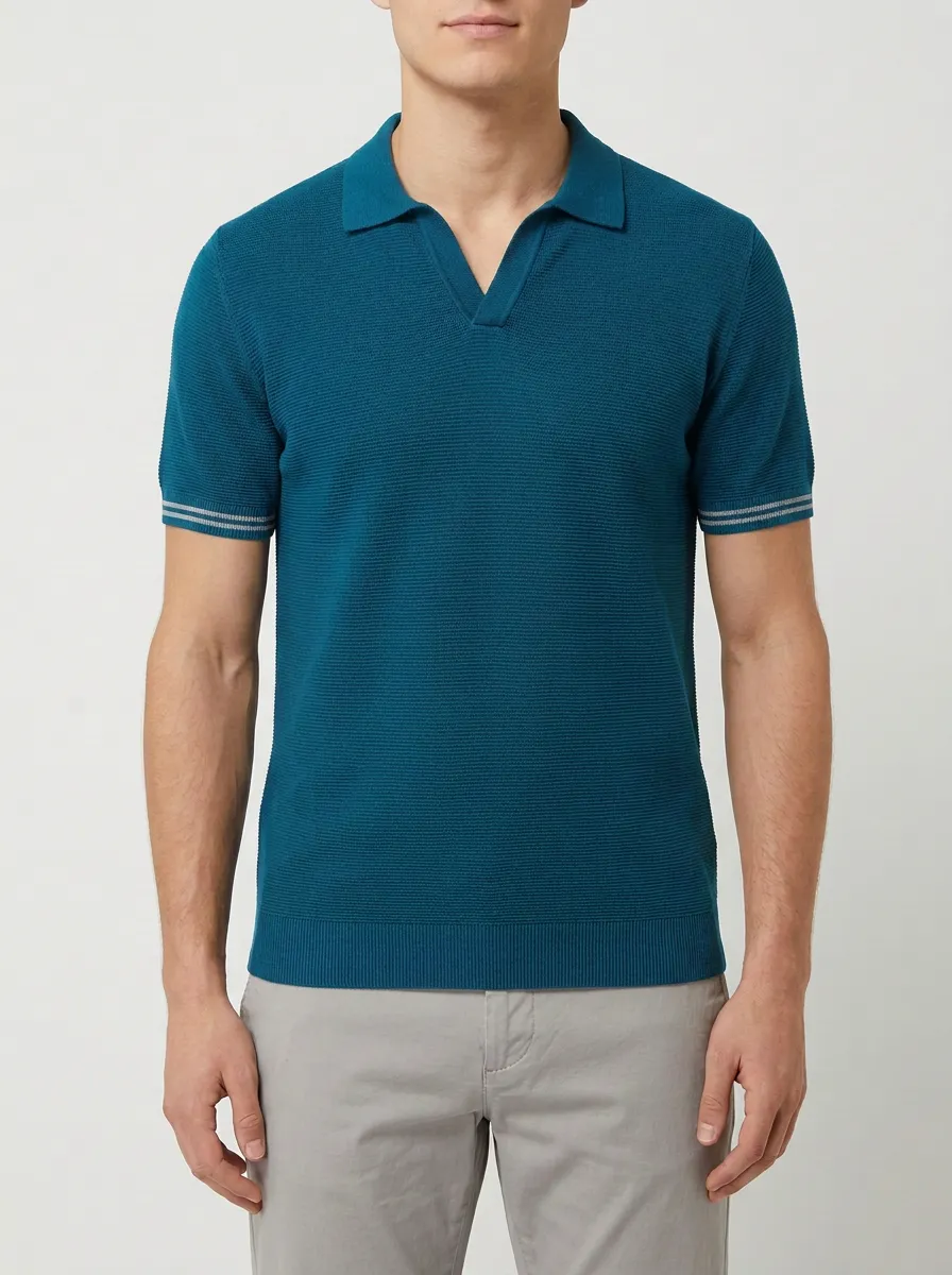 Men's Navy Blue Textured V-Neck Striped Cuff Polo Shirt
