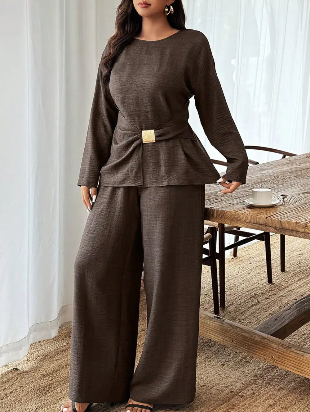 Fitted Round Neck Top and Wide Leg Pants Suit