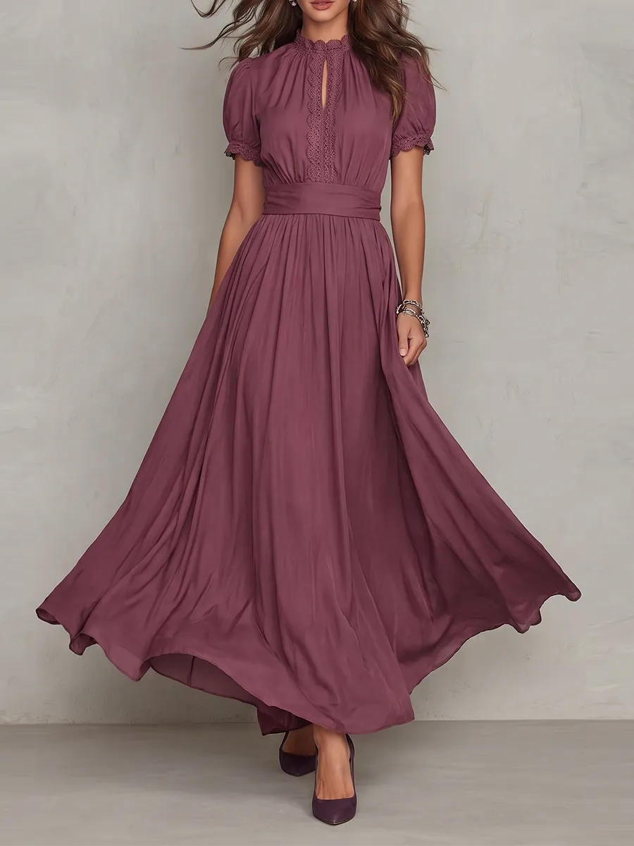 Pleated Buttoned Neck Maxi Dress