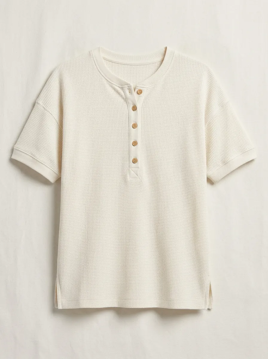 Women's Casual Solid Waffle Knit Button Up Henley Shirt