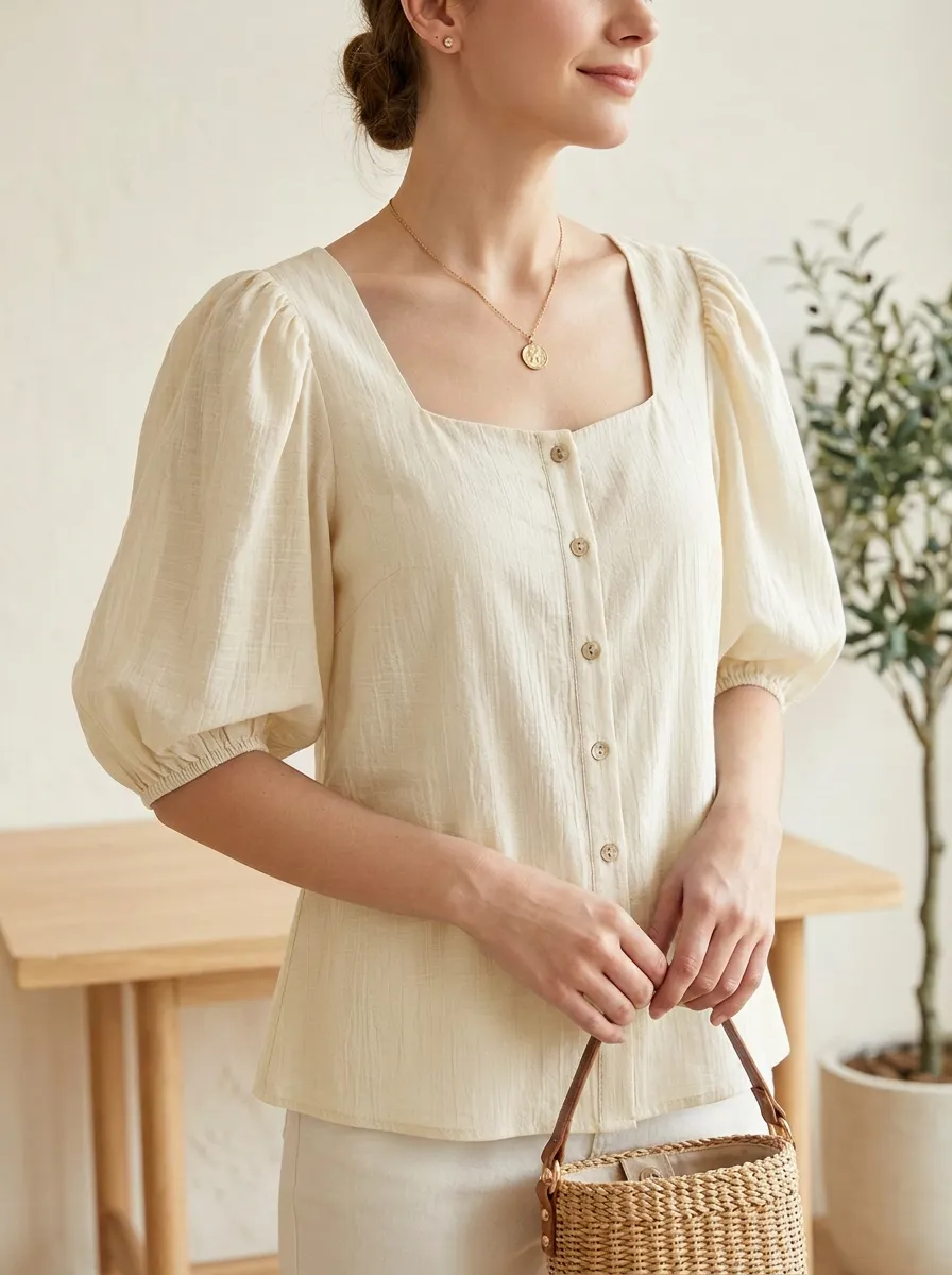 Classic Square-Neck Button-Front Women's Puff-Sleeve Blouse