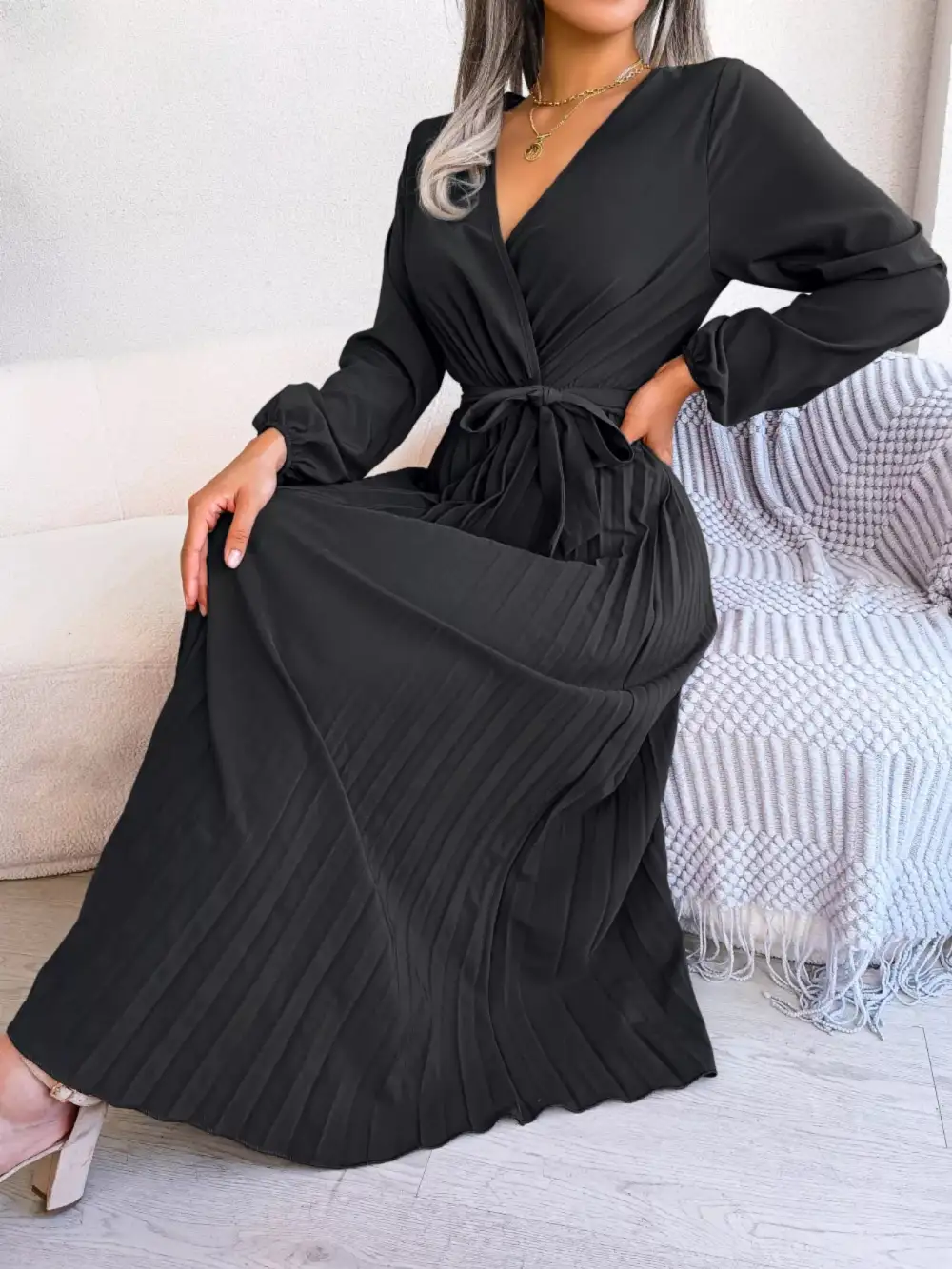 Pleated Long Sleeve Dress Casual