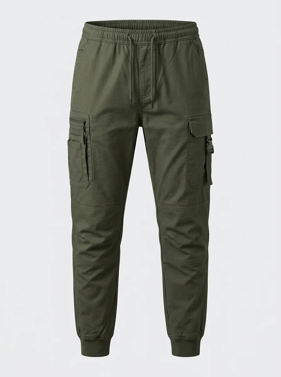 Men's Buckle-Pocket Drawstring Ribbed-Cuff Cargo Joggers