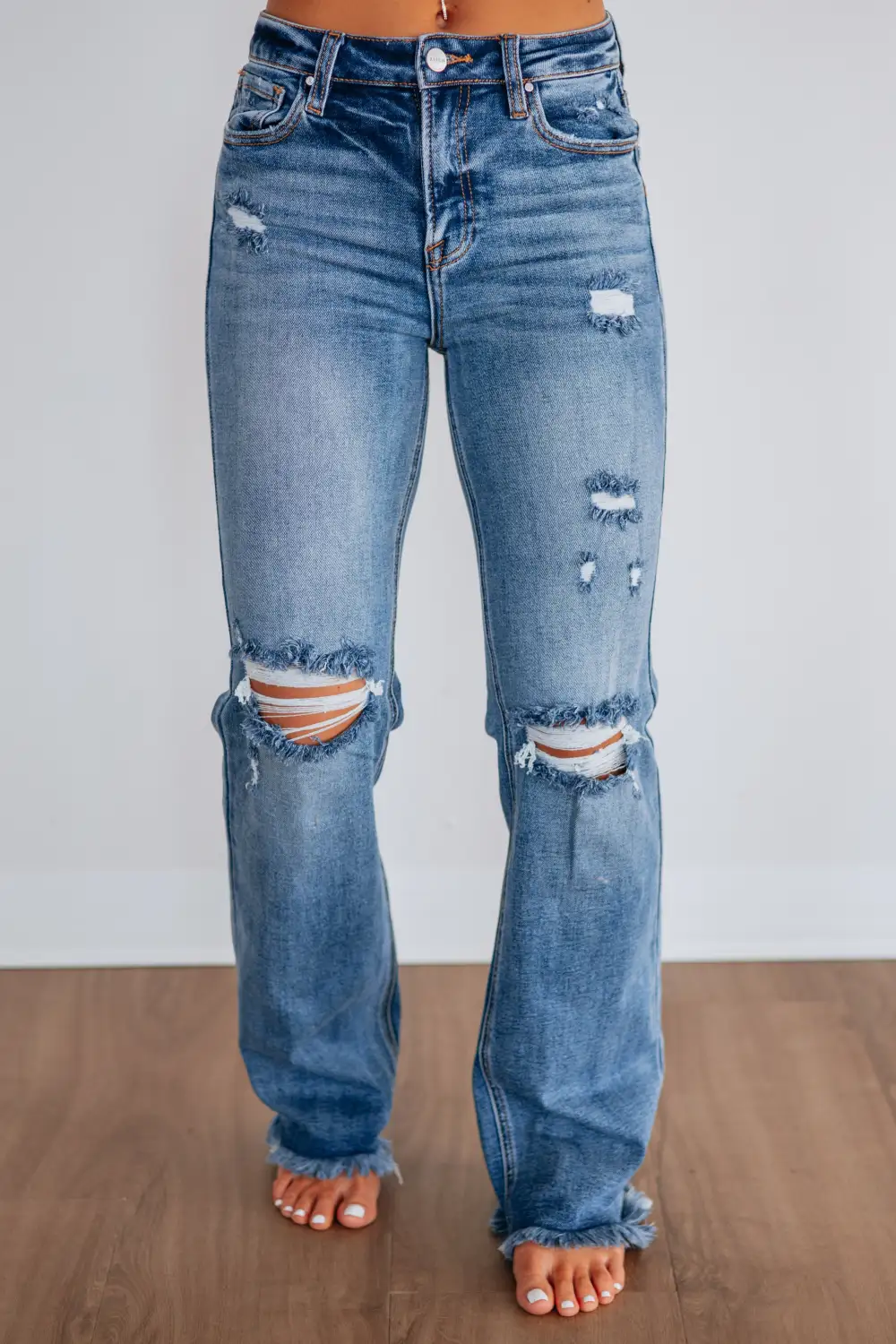 Women's High Rise Frayed Hem Distressed Jeans
