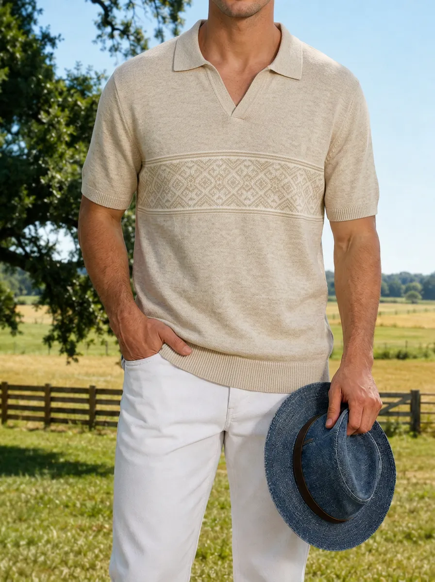 Men's Casual Vintage Geometric Pattern Printed Polo Shirt