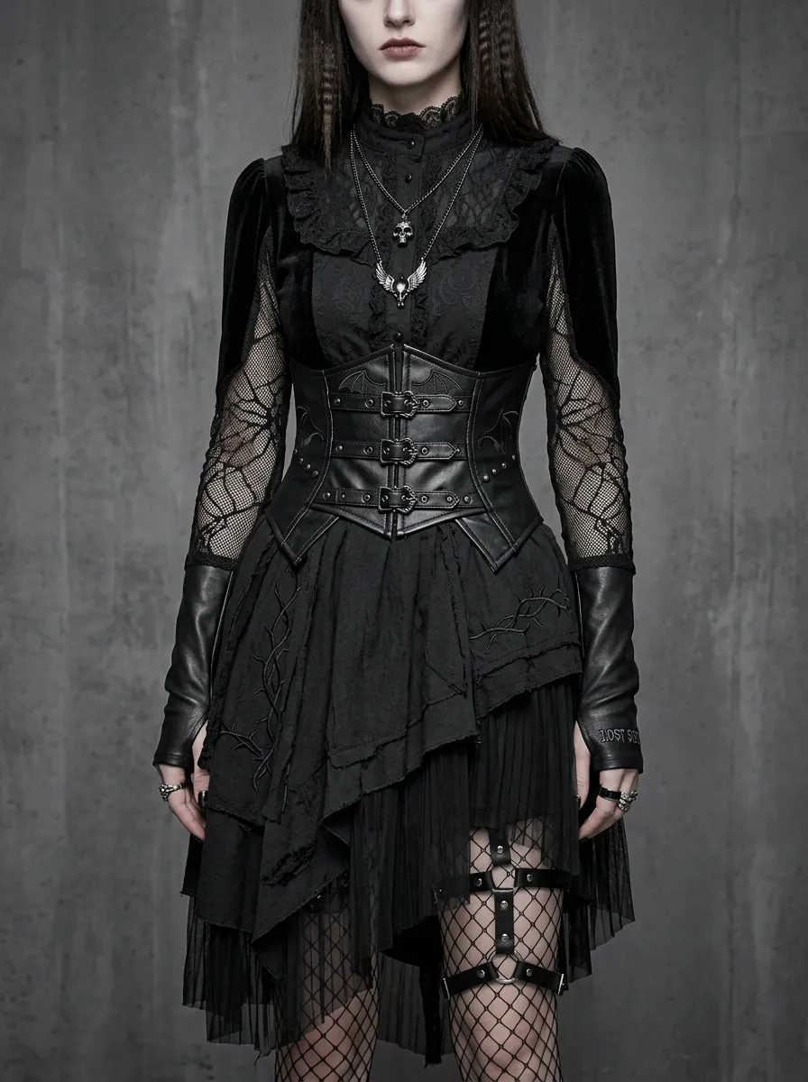 Women's Gothic Punk Bat Corset Lace Mesh Printed Top