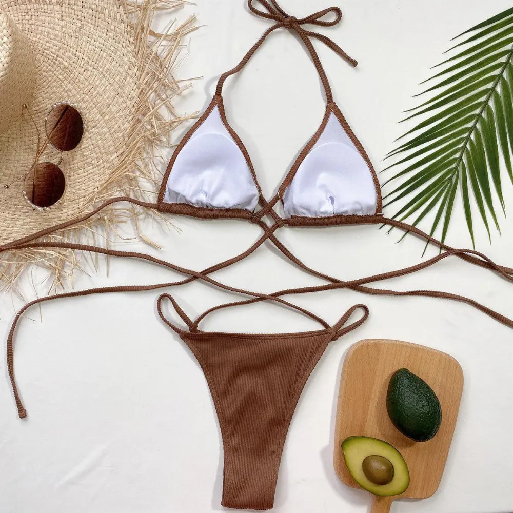 Halter Neck Crisscross Ribbed Bikini Swim Set