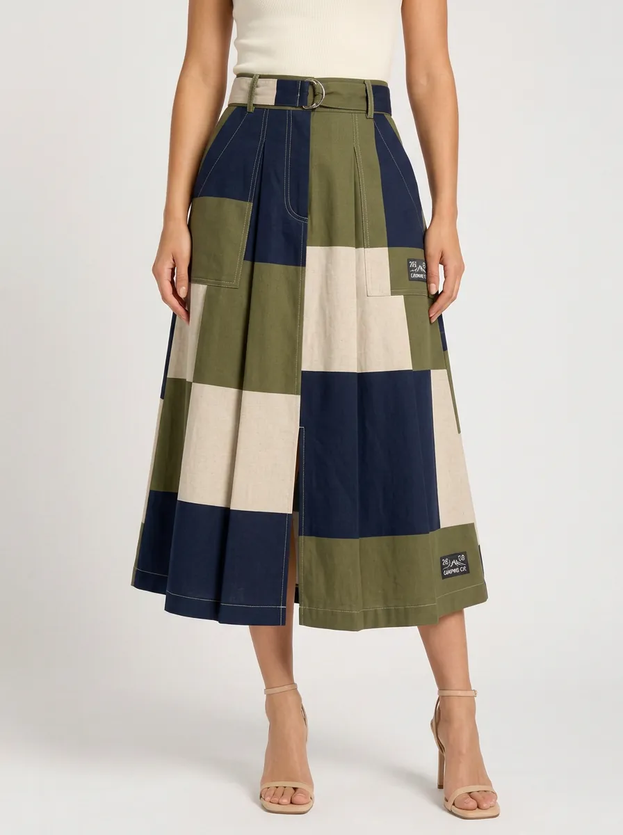 Women's Outdoor Camping Lover Colorblock Patchwork Printed Midi Skirt