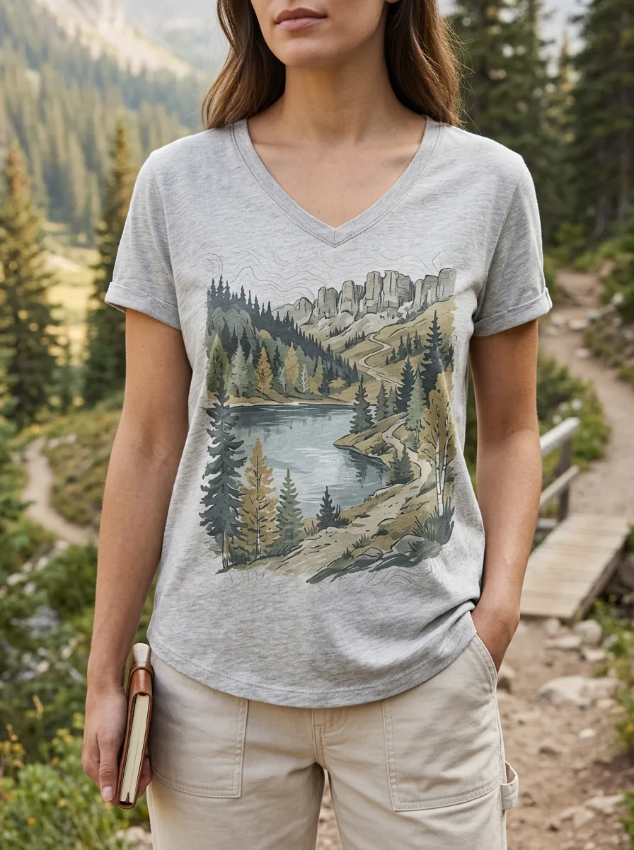 Women's Hiking Nature Lover Mountain Lake Printed V-Neck T-Shirt