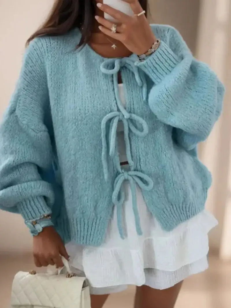 Soft Knit Tie Front Cardigan Balloon Sleeve Bow Detail