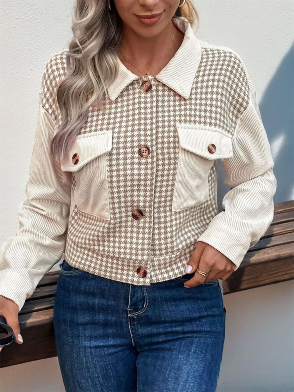 Pocketed Houndstooth Long-sleeve Jacket
