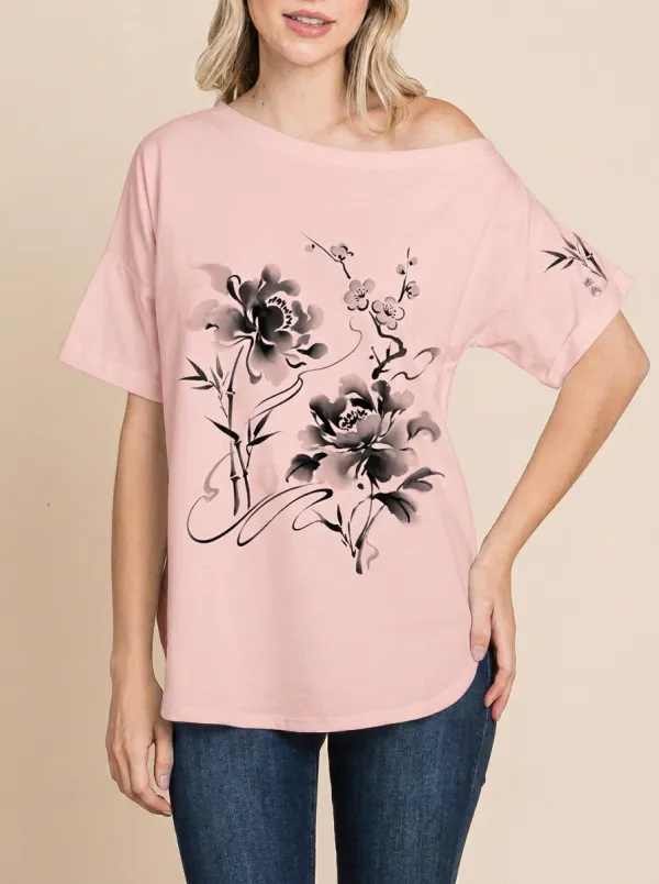 Women's Chinese Ink Wash Floral Bamboo Printed T-shirt