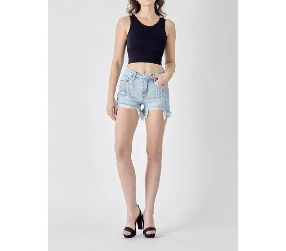 Frayed Hem Denim Shorts with Fringe Detail Pockets