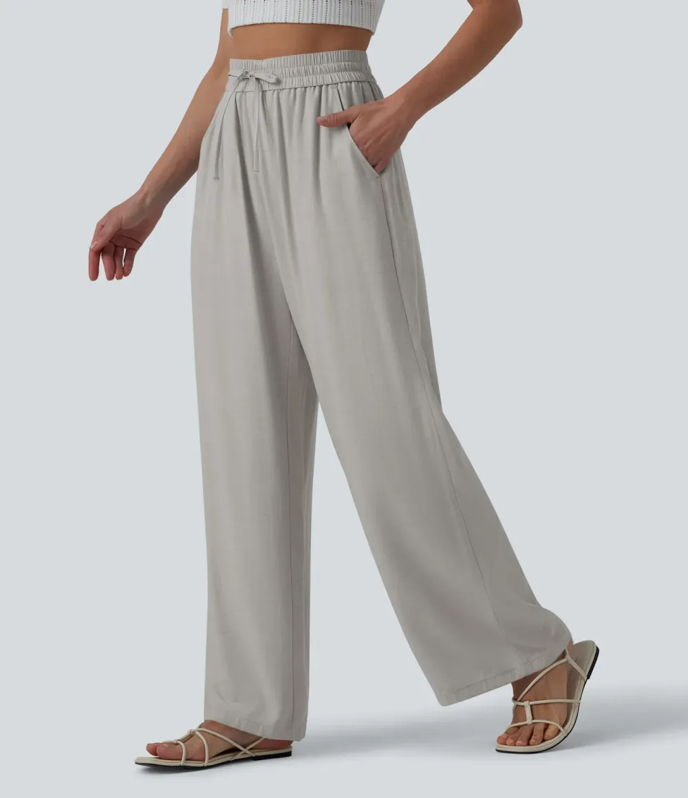 2026🔥High Waisted Drawstring Wide Leg Casual Linen-Blend Trousers with Pockets