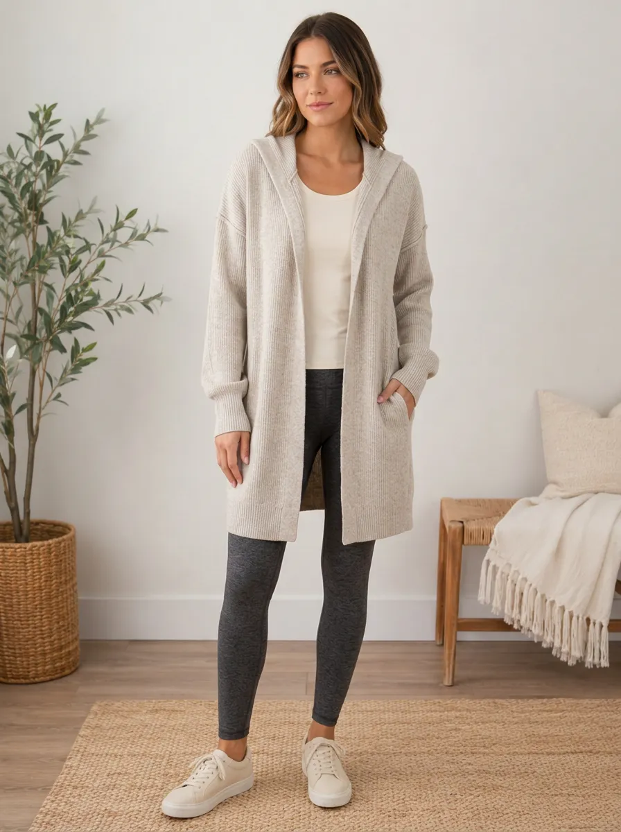 Women's Casual Minimalist Beige Ribbed Hooded Cardigan Top