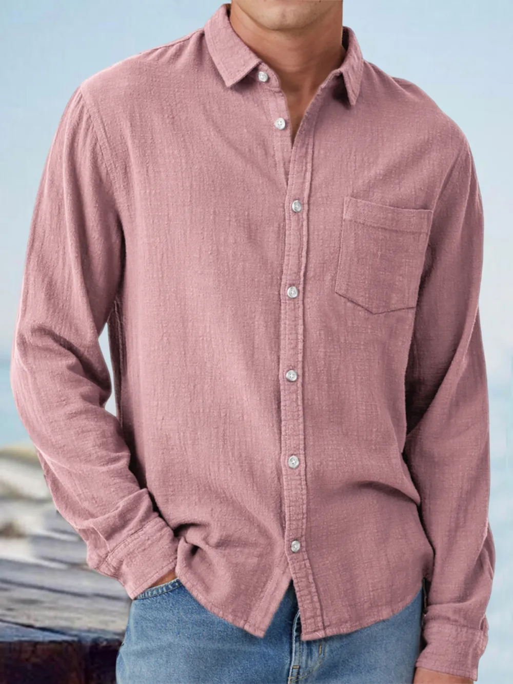 Everyday Long Sleeve Open Collar Pocket Shirt