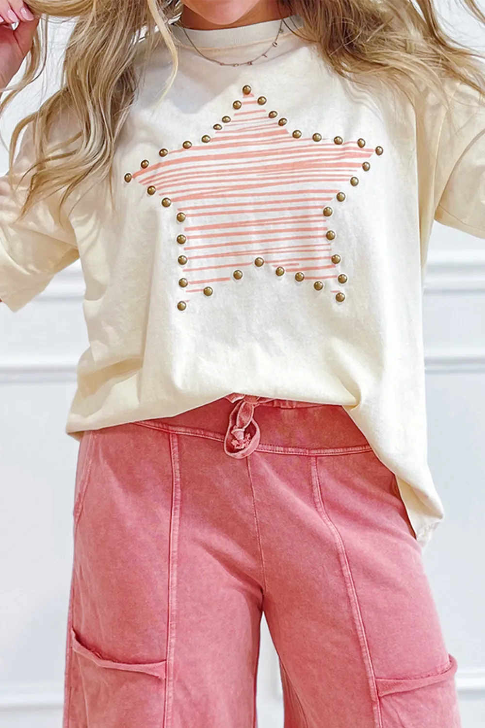 Beige Star Print Stud Detail Top