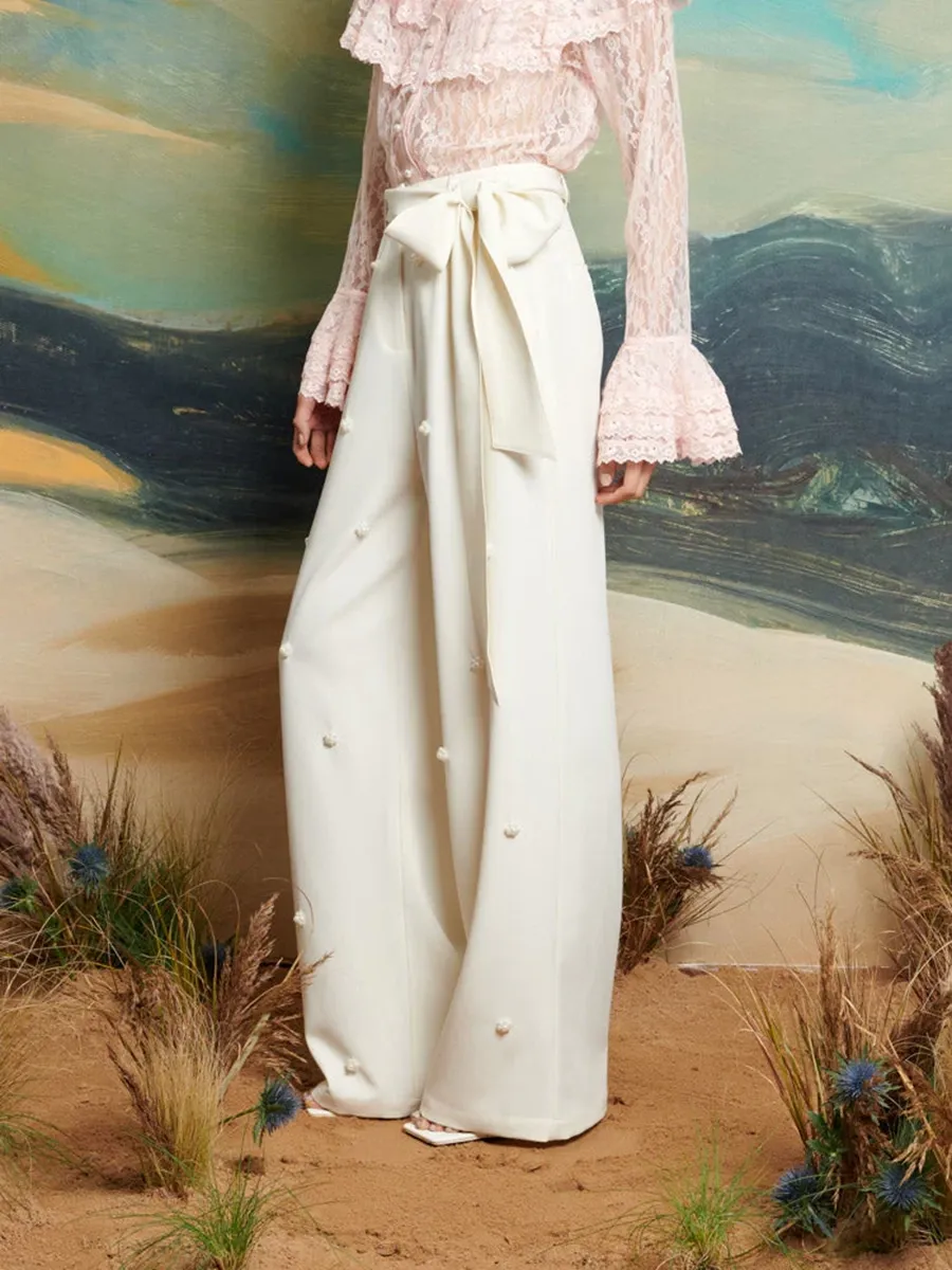 Casual Wide-Leg Pearl Trousers