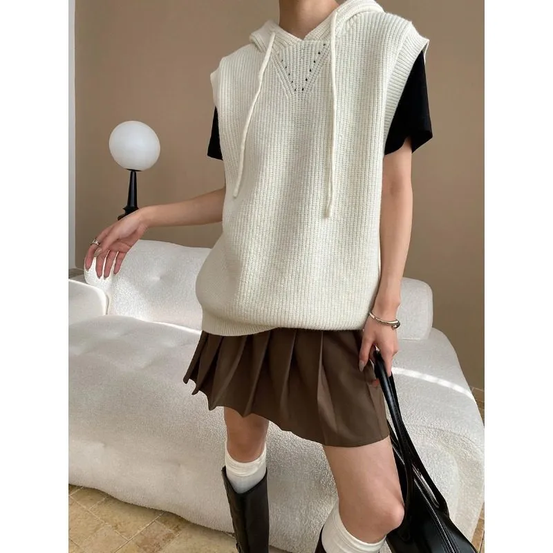 Drawstring Hooded Loose Knit Vest