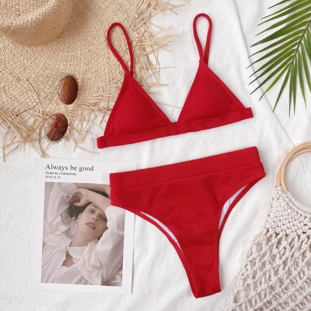 Spaghetti Strap Ribbed Bikini Set Accessory