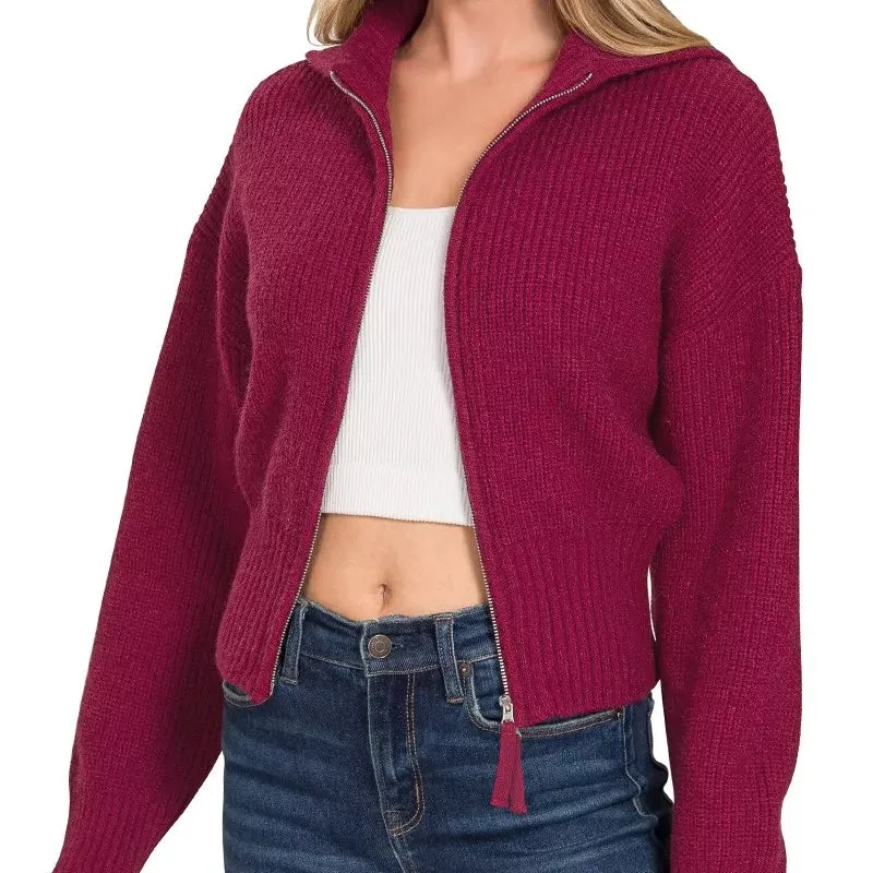 Modern Cropped Zip Up Ribbed Knit Cardigan