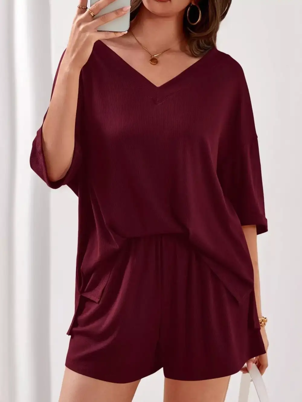 Casual Solid Color V Neck Top and Shorts Set