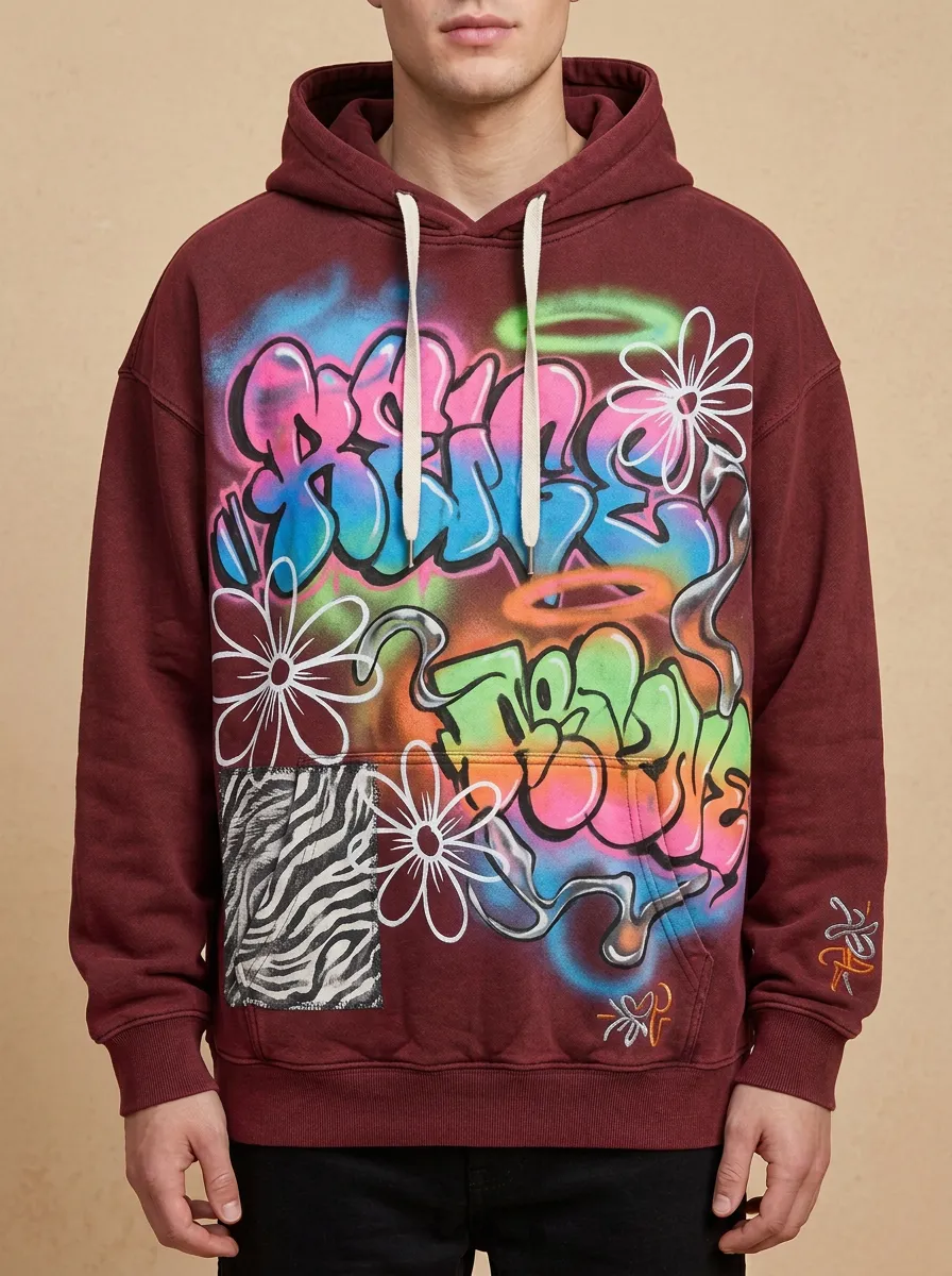 Unisex Streetwear Graffiti Flower Zebra Print Layered Print Hoodie