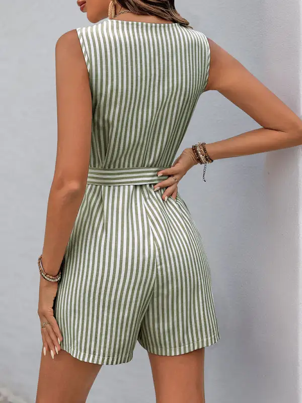V Neck Sleeveless Striped Jumpsuit