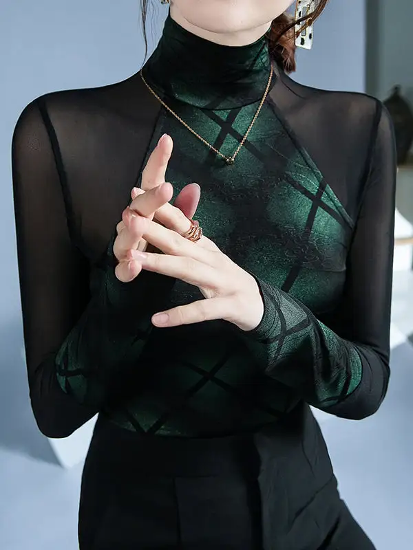 Long Sleeve Slim Fit Panel Detail High Neck Polyester T-Shirt