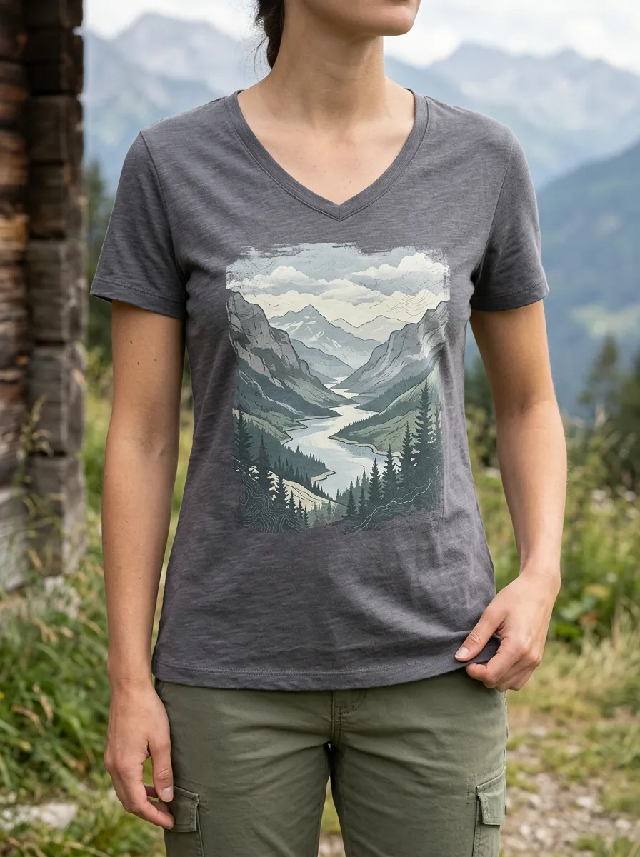 Women's Landscape Nature Lover Mountain River V-Neck T-Shirt