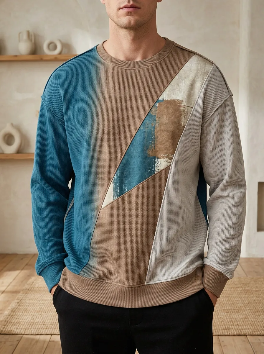 Men's Multicolor Color-Block Printed Waffle Crewneck Sweatshirt